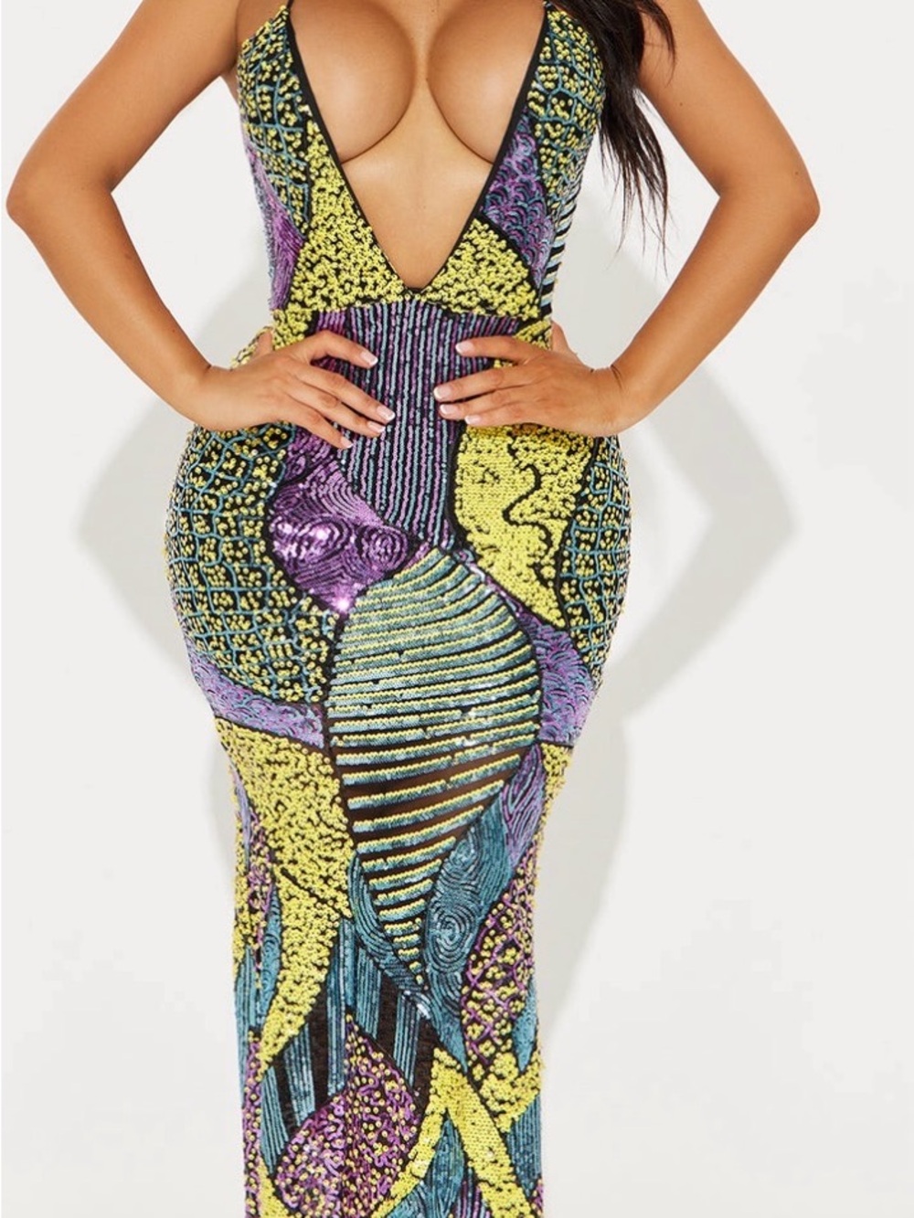Plunge V-Neck Sequin Bodycon Dress in Yellow & Purple (Brand new with tags)